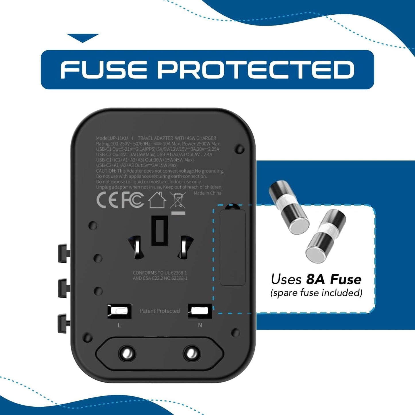 Universal Travel Adapter, 45W International Power Adapter with PD & QC 3.0 Dual USB-C, 3 USB Travel Adapter Worldwide, Type I C G a Outlets 110V 220V A/C - EU Euro US UK (11-KU)