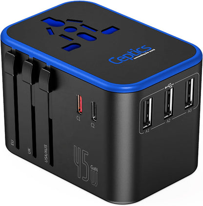 Universal Travel Adapter, 45W International Power Adapter with PD & QC 3.0 Dual USB-C, 3 USB Travel Adapter Worldwide, Type I C G a Outlets 110V 220V A/C - EU Euro US UK (11-KU)